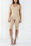 Khaki Casual Patchwork Solid Milk. Sleeveless V Neck Rompers
