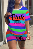 Colour Fashion Casual Striped Print Letter O Neck Short Sleeve Two Pieces