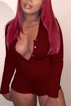 Wine Red Sexy Fashion Long Sleeve Fitted Romper