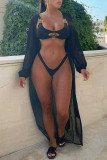 Black Fashion Sexy Solid Hollowed Out Swimwears Three-piece Sets