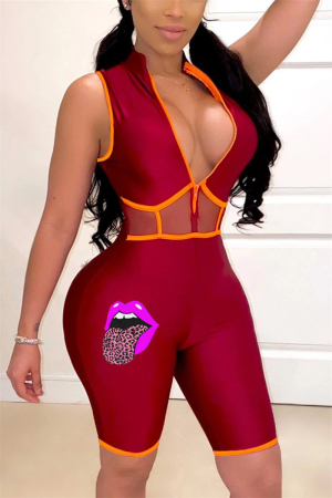Wine Red Sexy Fashion Printed Sleeveless Romper
