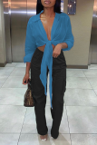 Light Blue Casual Solid Bandage Turndown Collar Tops