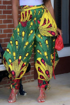 Multicolor Fashion Casual Print Strap Design With Belt Regular High Waist Trousers