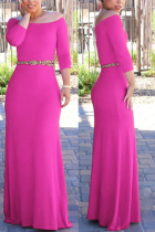 rose red Sexy Solid Patchwork Off the Shoulder Asymmetrical Dresses