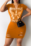Orange Fashion Sexy Print Ripped V Neck Short Sleeve Dress