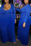 Blue Fashion V-Neck Hooded Large Size Jumpsuit