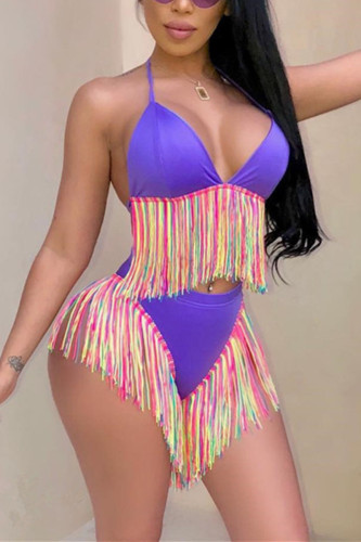 Purple Euramerican Patchwork Tassel Fringed Milk Fiber Two-piece Swimwear