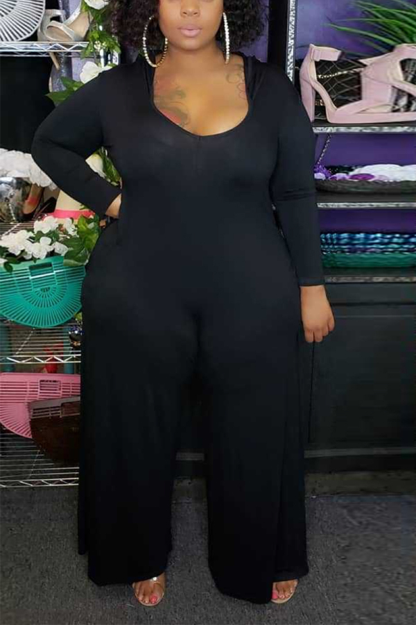 Black Fashion V-Neck Hooded Large Size Jumpsuit