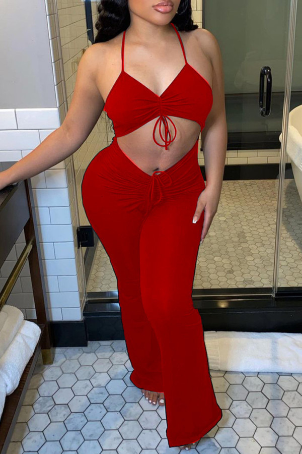 Red Fashion Sexy Solid Hollowed Out Backless V Neck Regular Jumpsuits