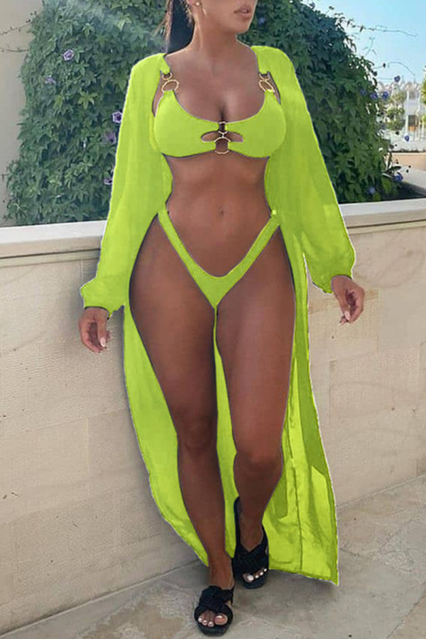 Fluorescent Green Fashion Sexy Solid Hollowed Out Swimwears Three-piece Sets
