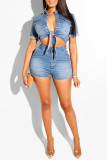 Blue Sexy Casual Solid Strap Design Turndown Collar Short Sleeve Two Pieces