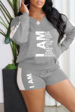 Grey Fashion Casual Letter Print Basic V Neck Long Sleeve Two Pieces