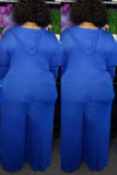 Blue Fashion V-Neck Hooded Large Size Jumpsuit