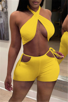 Yellow Fashion Sexy Solid Hollowed Out Backless Halter Sleeveless Two Pieces