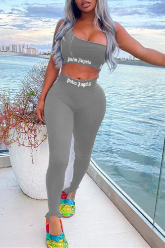 Grey Casual Sportswear Letter Print Basic One Shoulder Sleeveless Two Pieces
