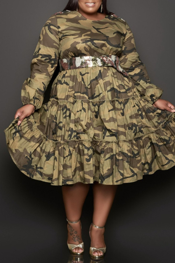 Camouflage Fashion Casual Camouflage Print Without Belt O Neck Long Sleeve Plus Size Dresses