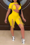 Yellow Fashion Sexy Solid Hollowed Out Strap Design O Neck Short Sleeve Two Pieces