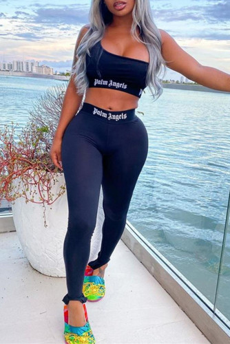 Black Casual Sportswear Letter Print Basic One Shoulder Sleeveless Two Pieces