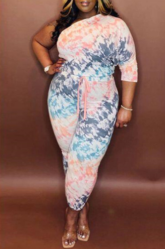 Multicolor Fashion Casual Print Tie-dye Oblique Collar Plus Size Two Pieces