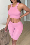 Pink Fashion Casual Solid Basic O Neck Sleeveless Two Pieces