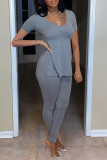 Grey Fashion Casual Solid Slit O Neck Long Sleeve Two Pieces