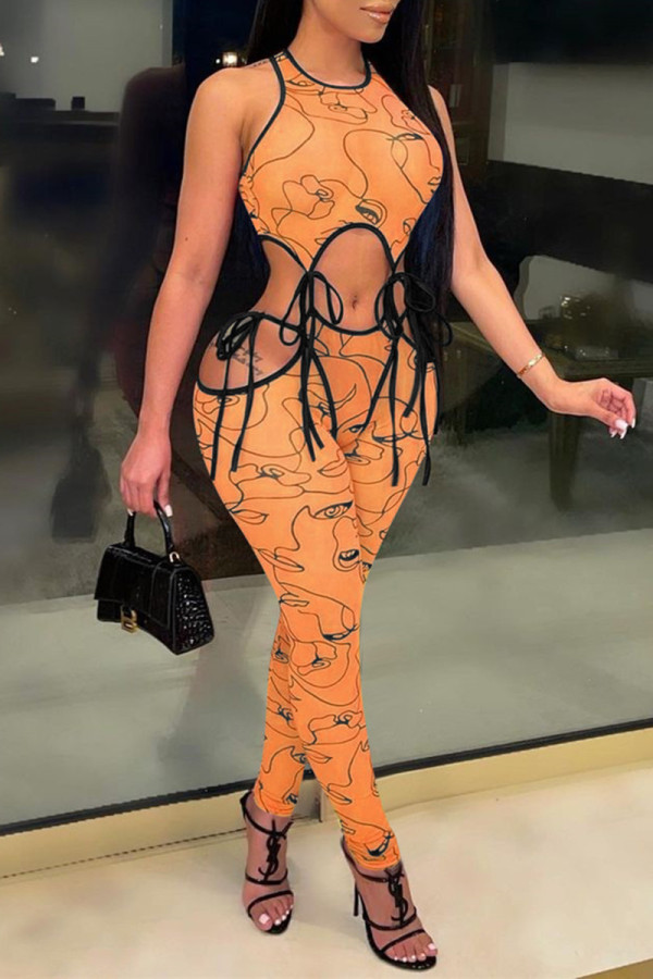 Orange Fashion Sexy Casual Print Hollowed Out Strap Design O Neck Skinny Jumpsuits