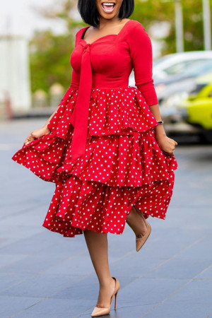 Red Fashion Casual Dot Print Split Joint V Neck Long Sleeve Dresses