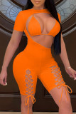 Orange Fashion Sexy Solid Hollowed Out Strap Design O Neck Short Sleeve Two Pieces