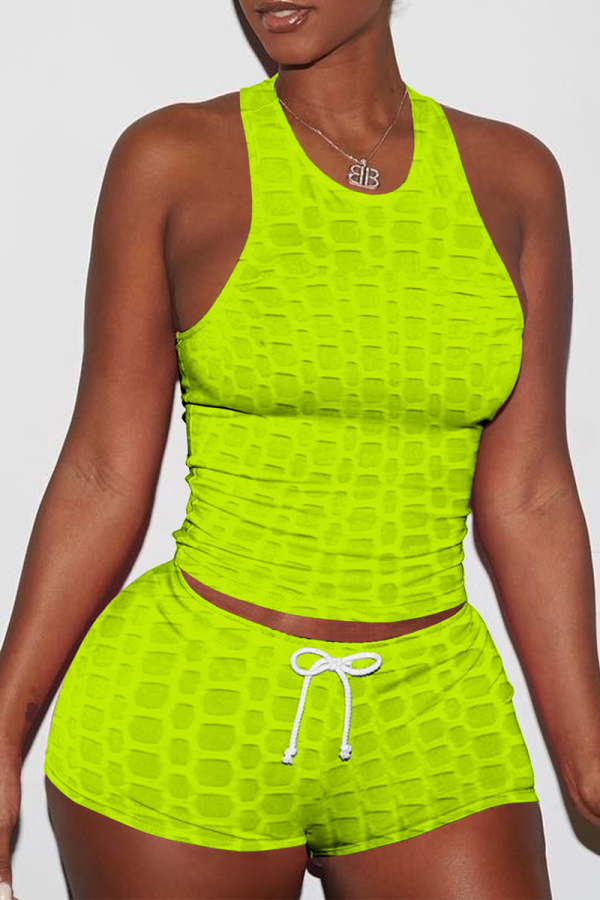 Fluorescent Green Sexy Solid Backless O Neck Sleeveless Two Pieces