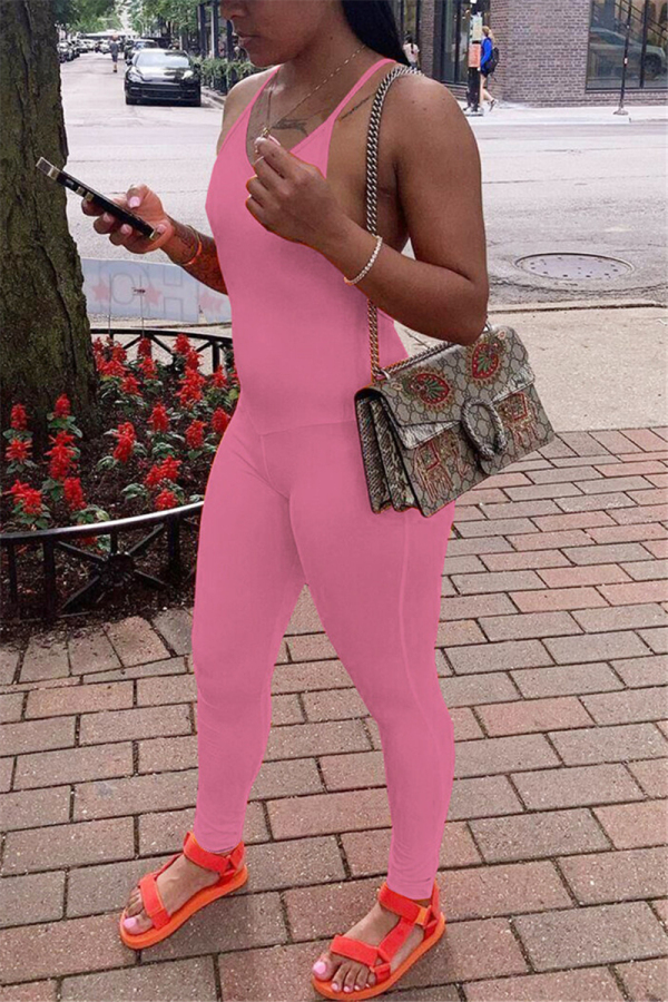 Pink Sexy Fashion Fitted Backless Jumpsuit