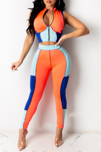 Orange Sexy Color Block Patchwork Zipper Collar Sleeveless Two Pieces
