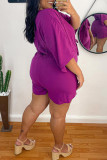 Purple Fashion Casual Solid Basic V Neck Plus Size Two Pieces