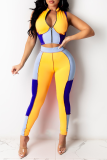 Yellow Sexy Color Block Patchwork Zipper Collar Sleeveless Two Pieces