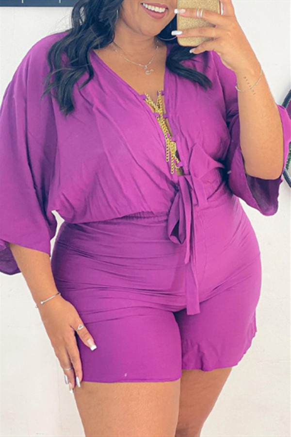 Purple Fashion Casual Solid Basic V Neck Plus Size Two Pieces