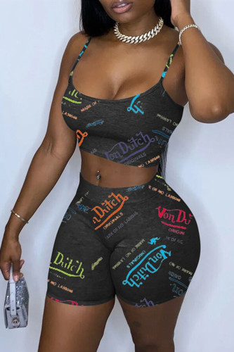 Black Fashion Sexy Print Basic O Neck Sleeveless Two Pieces