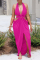 Rose Red Fashion Sexy Solid Hollowed Out Backless Slit Halter Sleeveless Dress