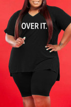 Black Fashion Casual Letter Print Slit V Neck Plus Size Two Pieces