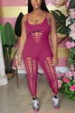 Wine Red Sexy Fashion Sling Broken Hole Jumpsuit