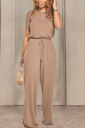 Apricot Casual Round Neck Short Sleeve Jumpsuit