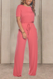 Tangerine Red Casual Round Neck Short Sleeve Jumpsuit