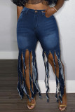 Dark Blue Fashion Casual Solid Tassel High Waist Regular Jeans