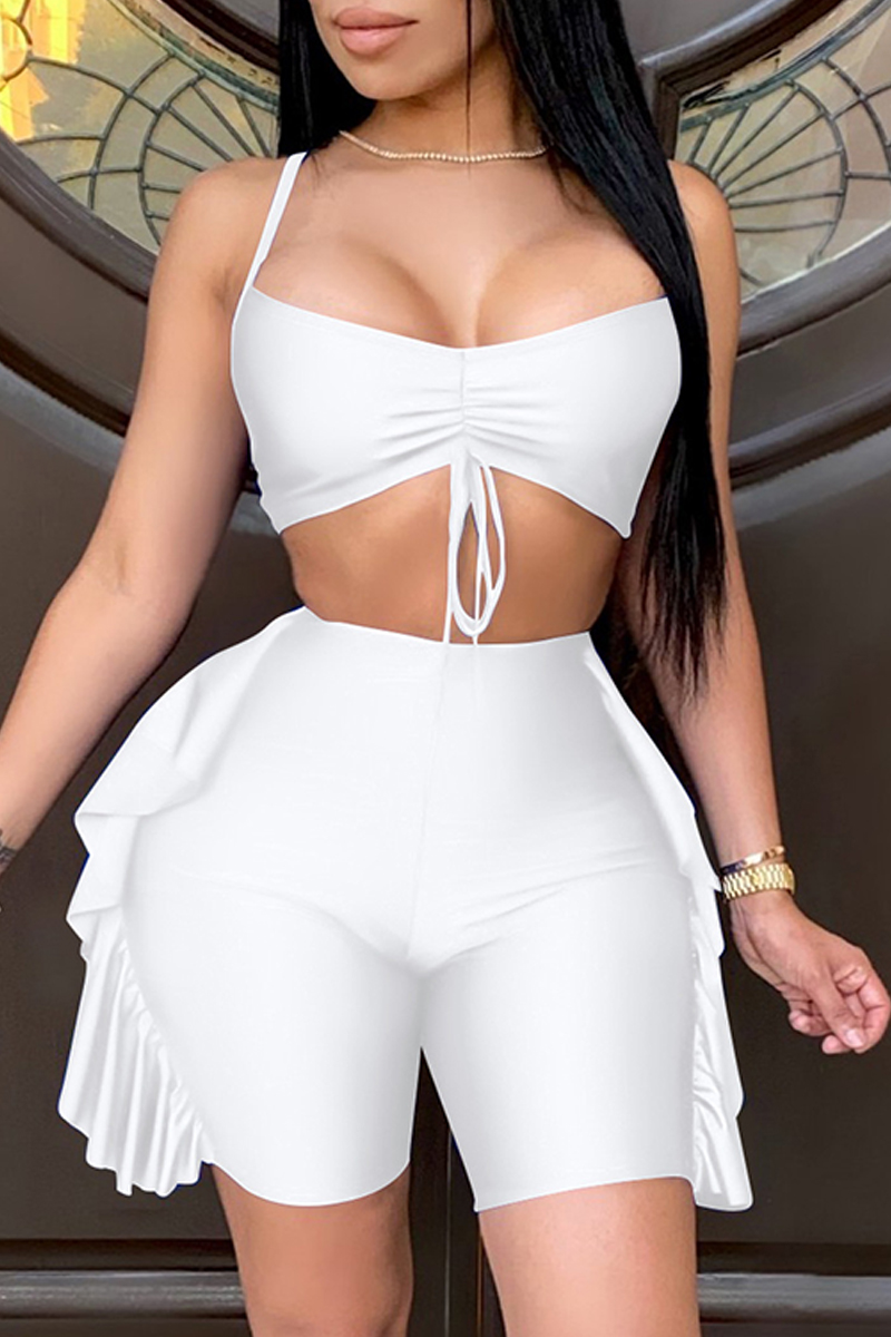 

White Sexy Casual Solid Backless Spaghetti Strap Sleeveless Two Pieces