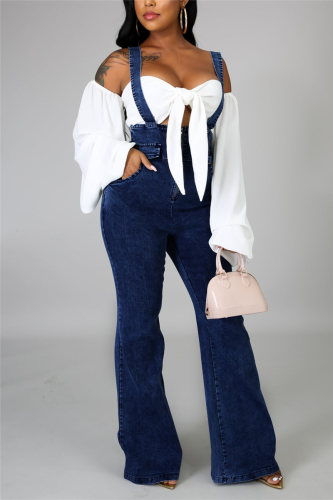 Dark Blue Fashion Sexy Strap Denim Jumpsuit