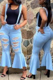 Light Blue Fashion Casual Ripped Denim Overalls