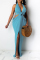 Blue Fashion Sexy Solid Hollowed Out Backless Slit Halter Sleeveless Dress