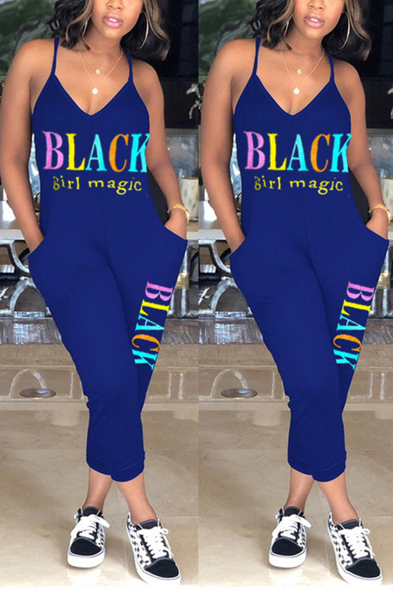 

Blue Fashion Casual Letter Printed Sling Jumpsuit