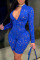 Blue Fashion Sexy Solid Hollowed Out See-through Zipper Collar Skinny Romper