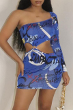Blue Fashion Sexy Print Hollowed Out Backless One Shoulder Long Sleeve Dresses