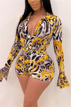 Yellow Sexy Fashion Print Bell Sleeve Romper