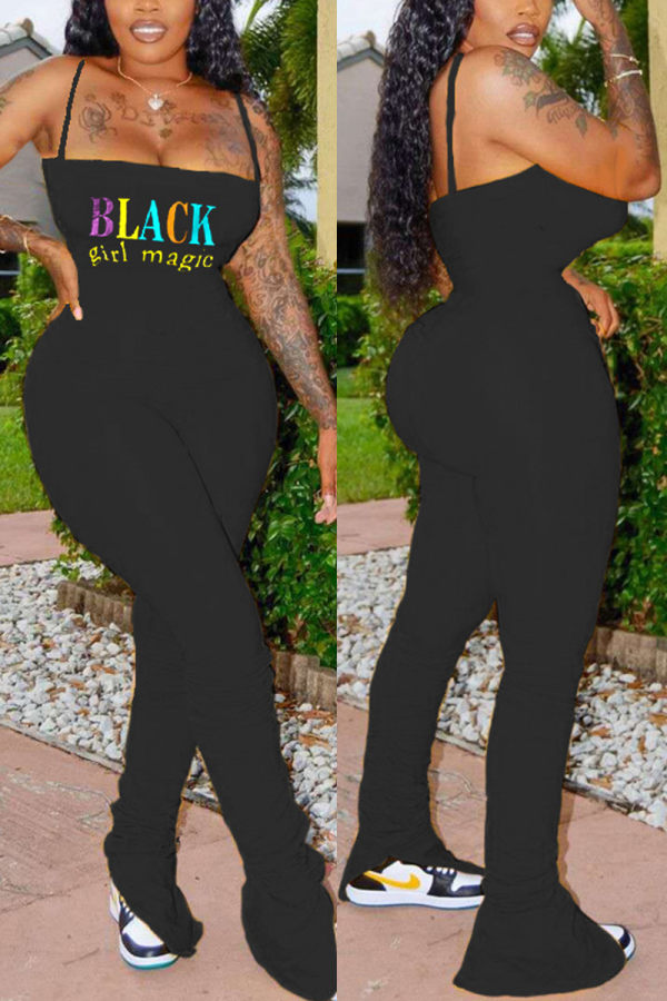 Black Fashion Sexy Letter Print Sling Jumpsuit